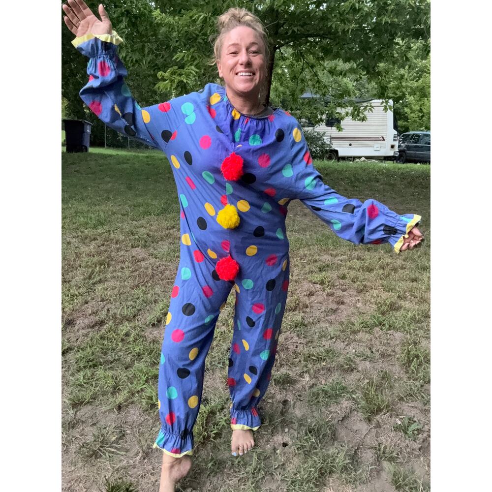 Vintage handmade blue Polkadot clown suit with pom detail on front MEDIUM?